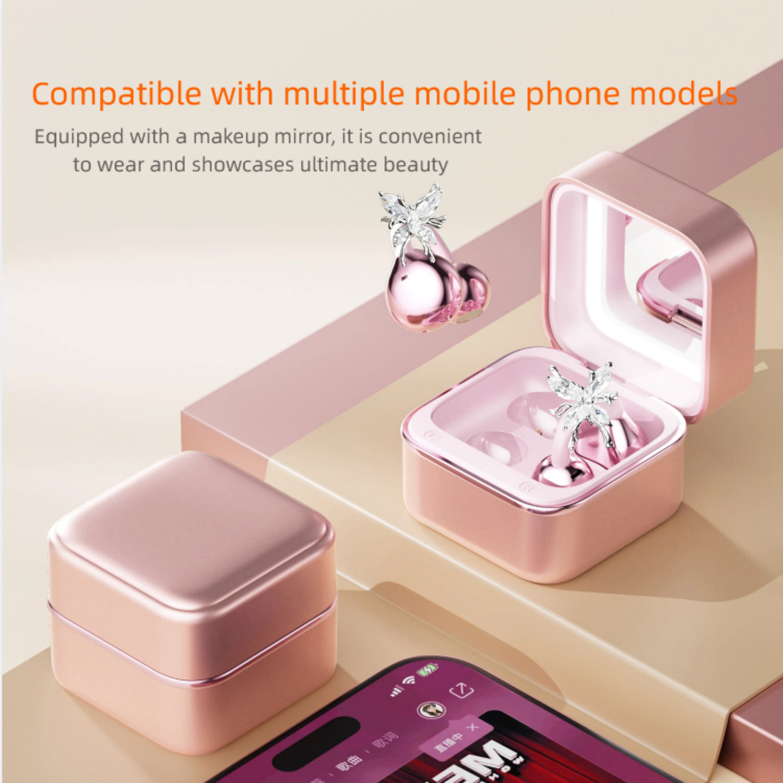 WUYUEGE Open Ear Headphones with Butterfly Earrings, Clip On Earbuds,6.0 Bluetooth Wireless Headphones for Women Gifts, Sports & Workouts（Rose Gold）