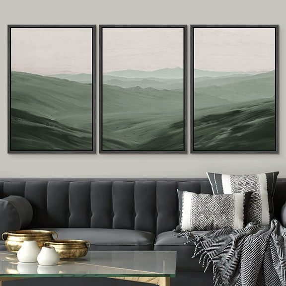 IDEA4WALL Framed Canvas Print Wall Art Set of 3 Rolling Green Mountain Hill Environment Nature Wilderness Cozy Neutral Modern Art Decorative Contemporary Minimal for Rooms - 24"x36"x3 Black