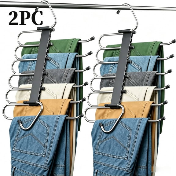 OFEFE Space Saving Pants Hangers 2 Pack with 10 Metal Clips, Non-Slip Multi-Layer Hanger for Closet Organizer for Jeans Skirts Scarves Leggings Black