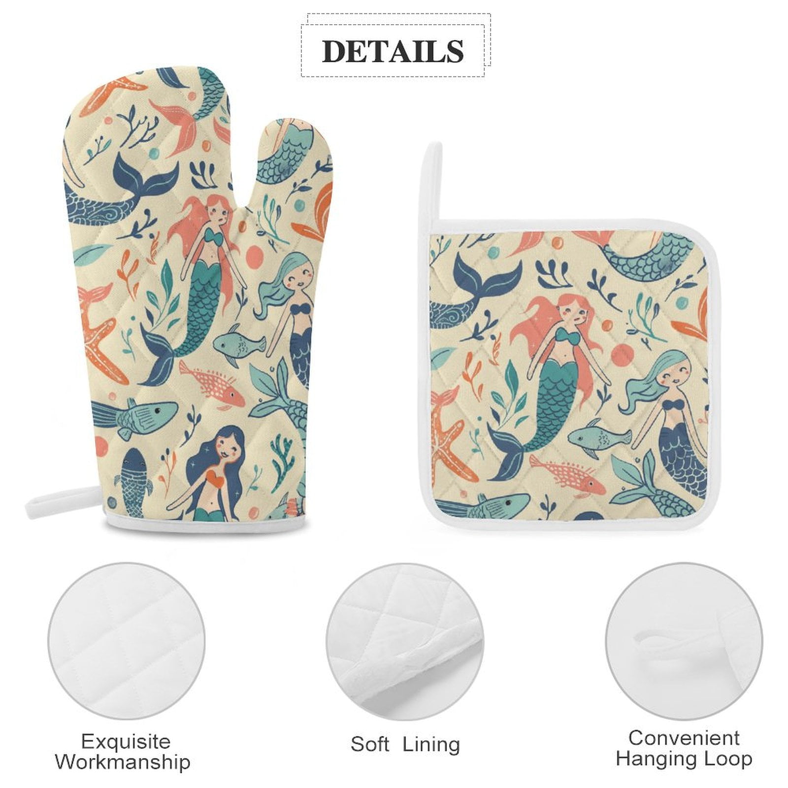 Ocean Cute Mermaid Oven Mitt And Pot Holder Set Oven Glove for Kitchen Baking Cooking Grilling