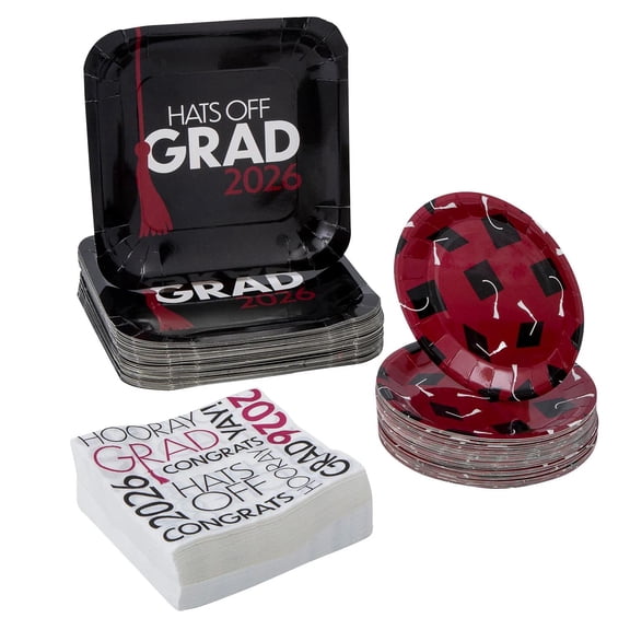 200 Pc. Burgundy Hats Off Grad 2026 Party Disposable Tableware Set for 50 Guests