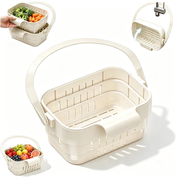 Liyquint Foldable Hanging Sink Drain Basket, Stretchable Kitchen Sink Drain Basket with Flip Cover, Space Saving Colander & Sink Strainer Basket for Fruits Vegetables Utensils (White)