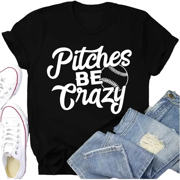 Pitches Be Crazy Funny Baseball Graphic T-Shirt Retro Sports Fan Cotton Tee for Men Women Athletic Casual Short Sleeve Top