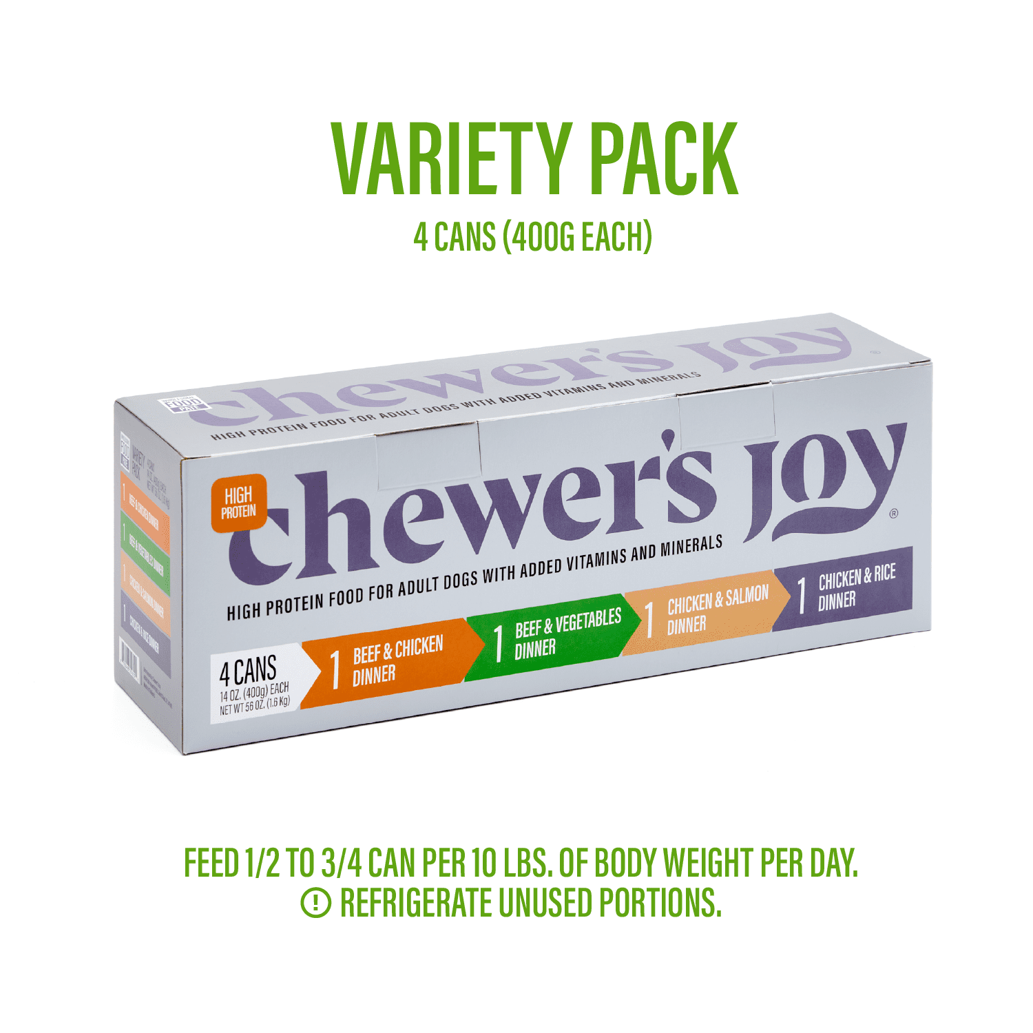 Chewer's Joy Natural Wet Dog Food Variety Pack, High Protein, Complete & Balanced, Beef, Chicken, Salmon, Rice, 4 Cans (400g)