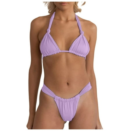 Women s High-Cut Bikini Set: 2PC Ruched Thong Swimsuit with Tie Knot  Sexy Summer Beachwear Purple M