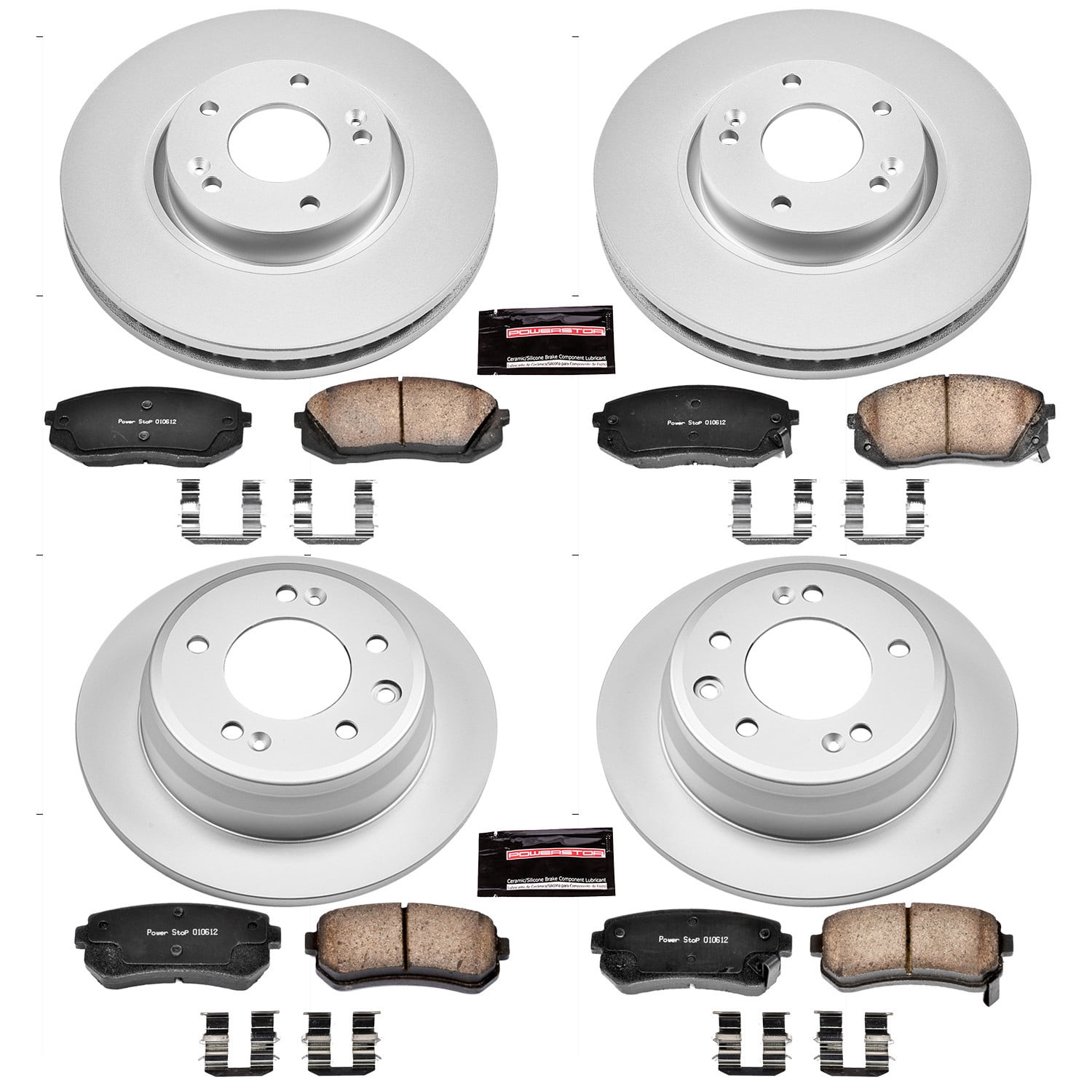 PowerStop Front and Rear Geomet Coated Brake Rotor and Pad Kit Fits: HYUNDAI KIA Select Models CRK6088