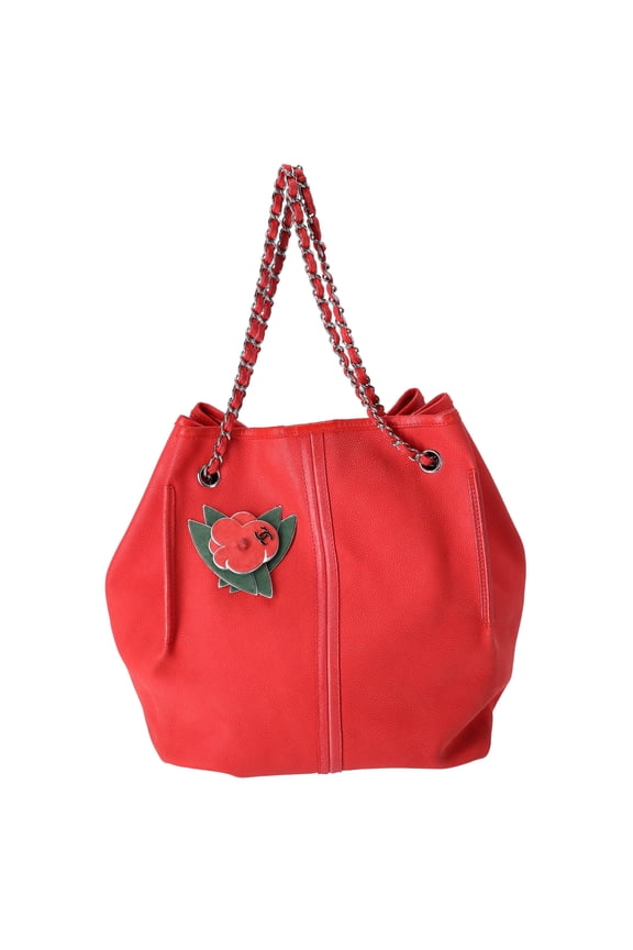 Pre-Owned CHANEL Red Caviar Leather Camellia Drawstring Bag with Pouch