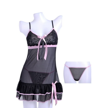 Black Negligee - Anna-Kaci S/M Fit Black and Pink Piped Dream Tiered Ruffle Flouncy Hem Negligee