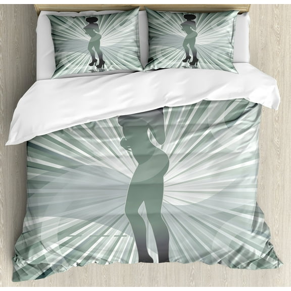 African American Duvet Cover Set, Afro AmericWomin High Heels Silhouette with Ray Background Pattern, Decorative 3 Piece Bedding Set with 2 Pillow Shams, Queen Size, Black, by Ambesonne