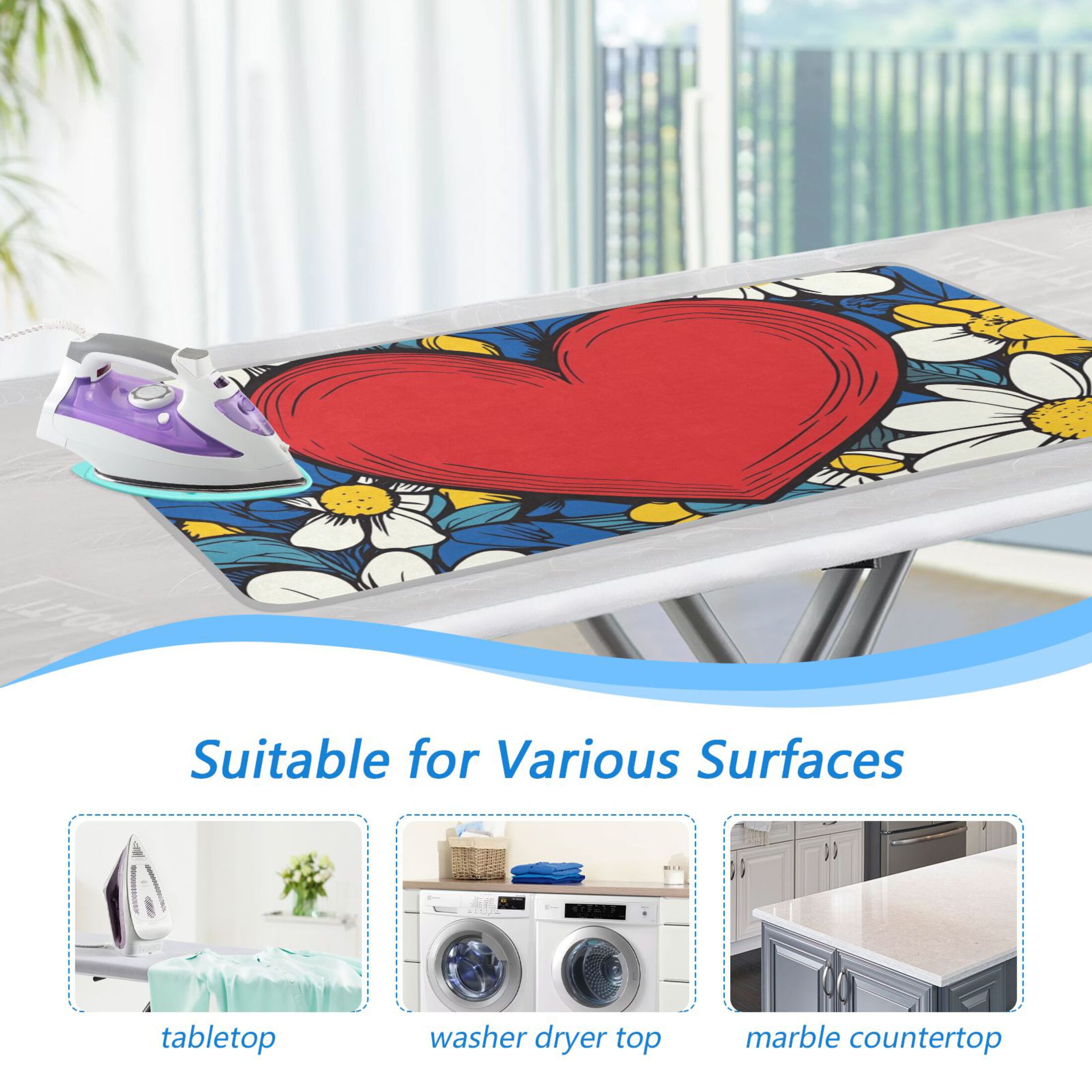 Blue White Florals Hearts Ironing Mat Blanket Portable Travel Ironing Pad Heat Resistant Pad 47.2" x 27.6”