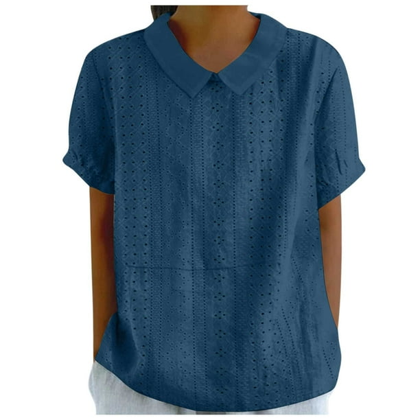 Nueva blusa con solapa para mujer - Top holgado informal de manga corta - Diseño irregular con encaje entretejido