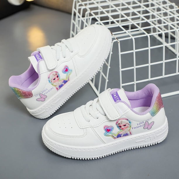 Disney niños dibujos animados Frozen princesa ELSA niña desgaste suave zapatos casuales niños lona estudiante pu zapatos deportivos zapatos para correr 27-plantilla 17 cm Gao Jinjia LED