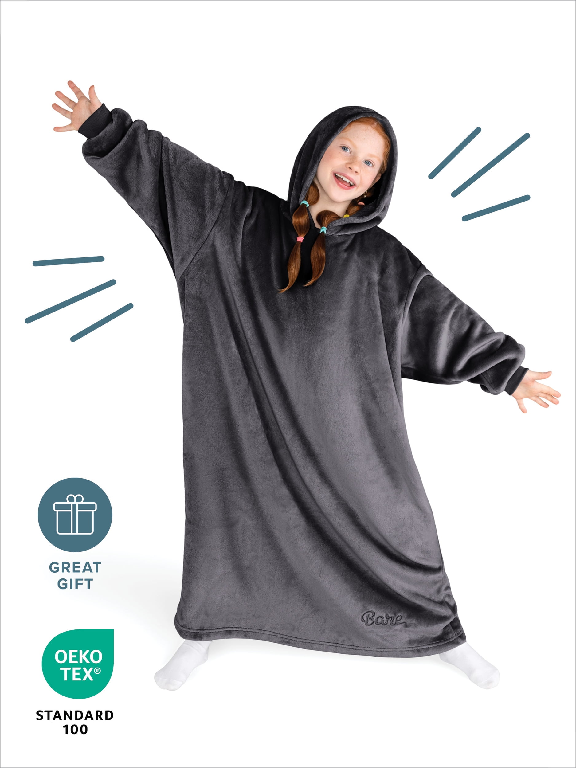 Bare Homey Kids Size Microplush Wearable Blanket - Long Length - Side Pockets - Velvety Soft, Forged Iron Gray