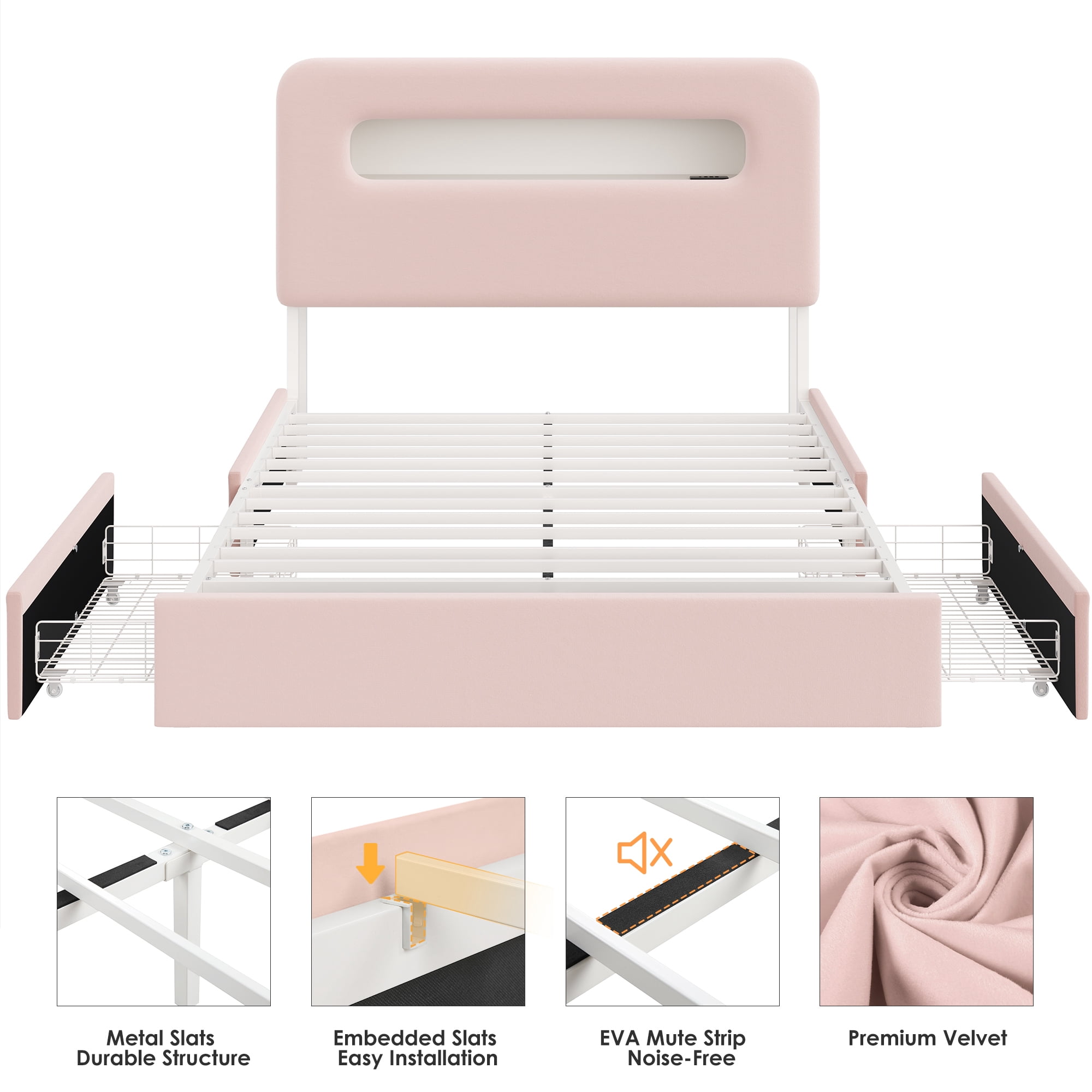 Homfa Full Size Velvet Upholstered Bed with LED Lights & 2 Drawers, Storage Headboard Platform Bed Frame with USB Ports & Outlets, Pink