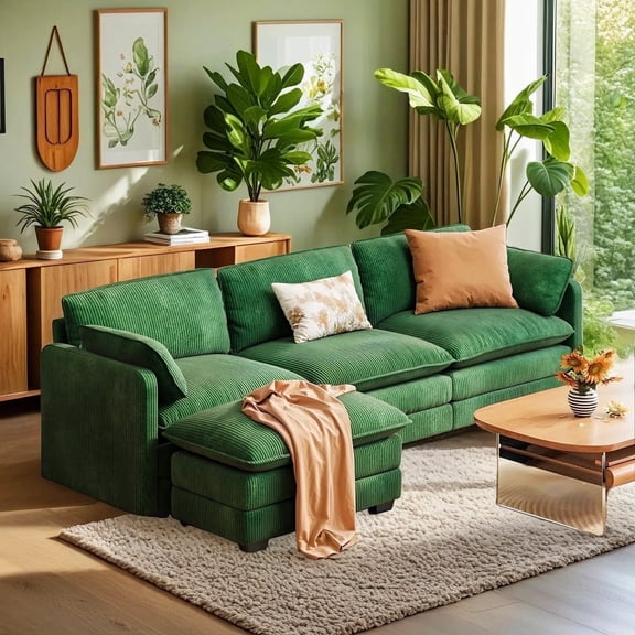 Sectional sofa,Lofka 110.2" L Shaped Cloud Sectional couch with Ottoman and Deep Seat, Upholstered couches for Living Room, Bedroom and Apartment, Green couch