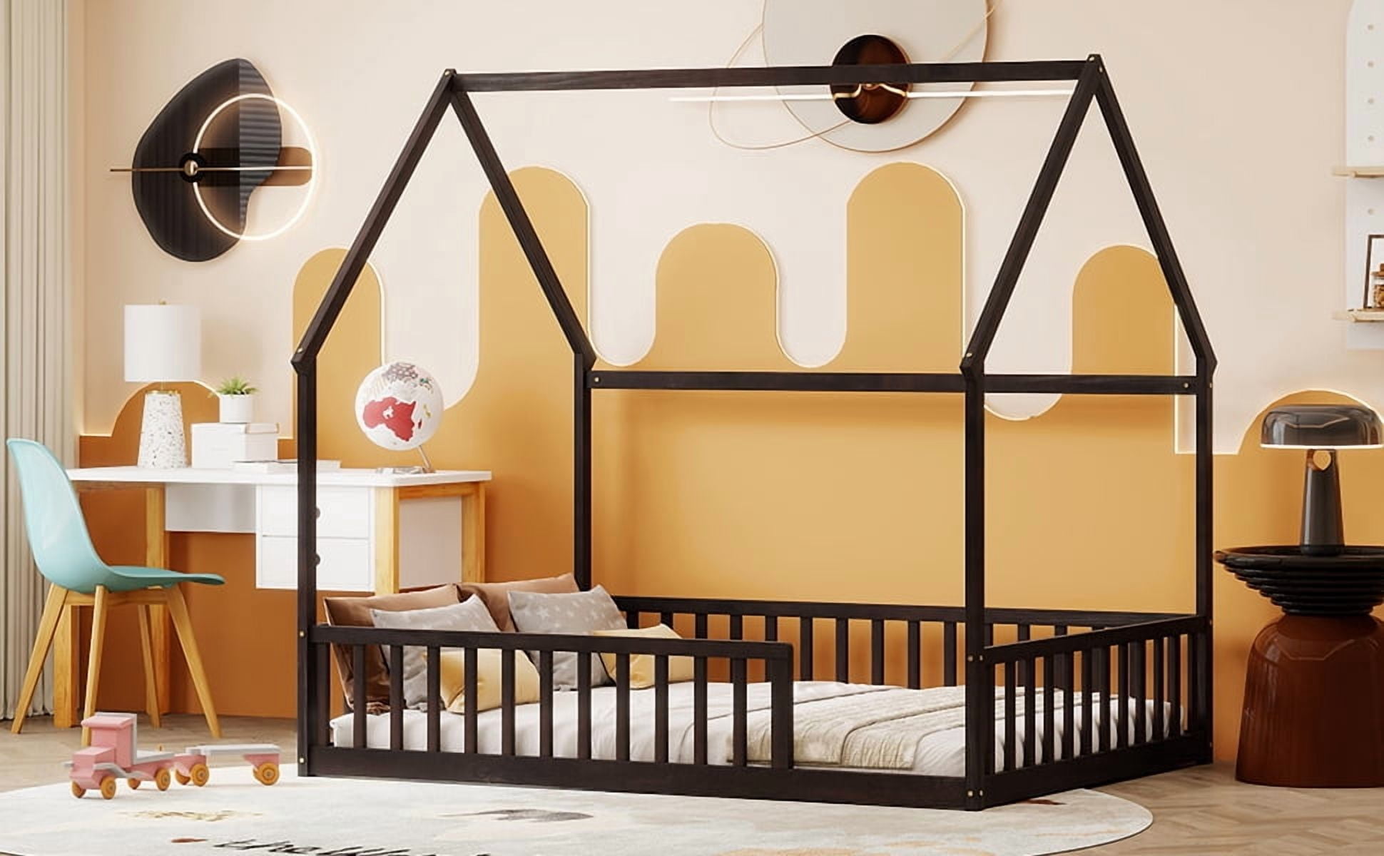 Full Size House Floor Bed with Full Surround Safety Fence, Solid Pine Wood Montessori Kids Playhouse Bed Frame Max 300 LBS No Box Spring Needed for Toddler Bedroom Nursery