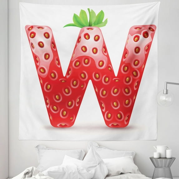 Letter W Tapestry, Capital W with Strawberry Green Leaves Harvest Yield Pattern Alphabet, Fabric Wall Hanging Decor for Bedroom Living Room Dorm, 5 Sizes, Vermilion Green Orange, by Ambesonne