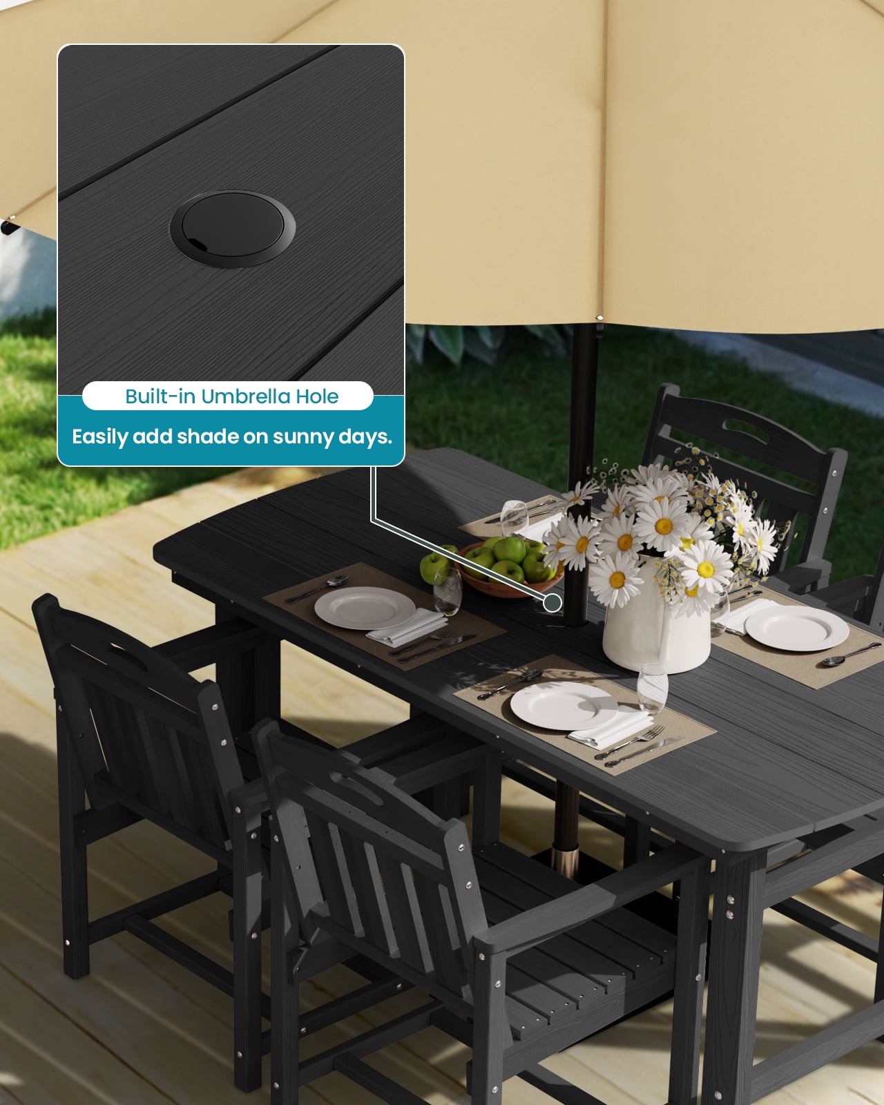 Harbweb 6-Person Weather Resistant Patio Dining Table with Umbrella Hole, Black