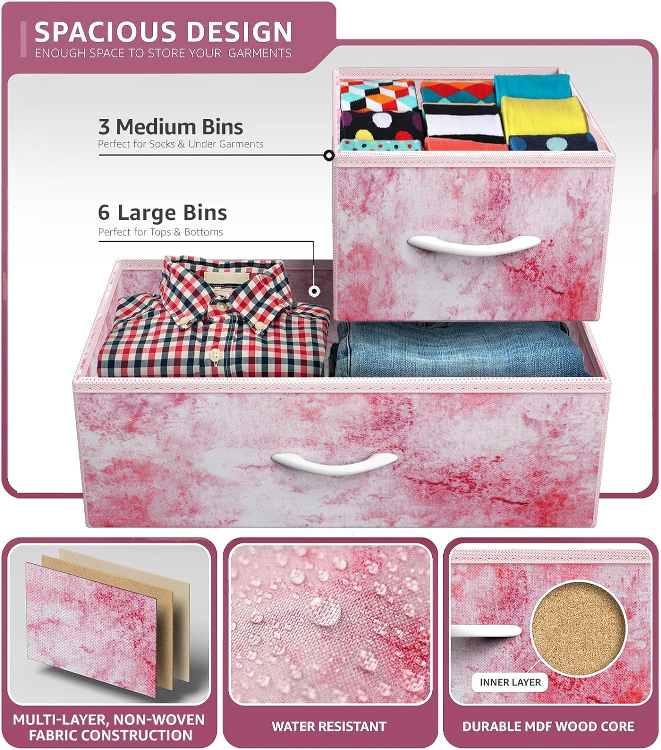 Sorbus 9-Drawer Dresser Nightstand End Table, Steel Frame, Wood Top, Tie-Dye Pink