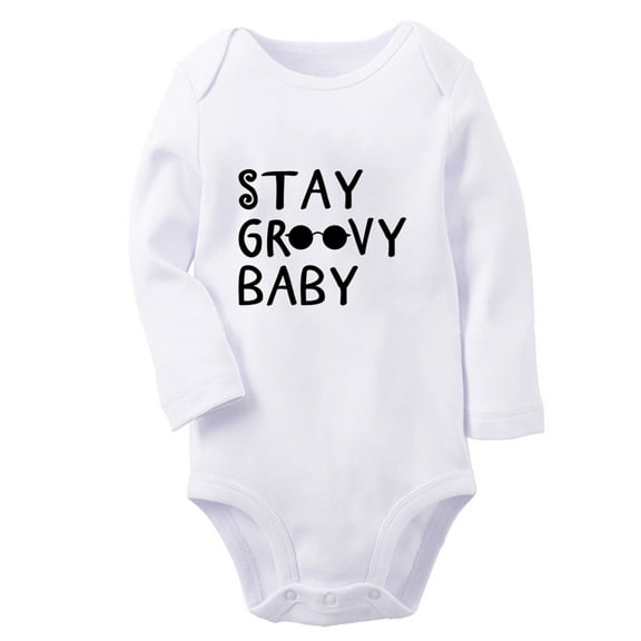 iDzn Stay Groovy Baby Funny Rompers, Newborn Baby Unisex Bodysuits, Infant Jumpsuits, Toddler Kids Long Sleeve Oufits (White, 0-6 Months)