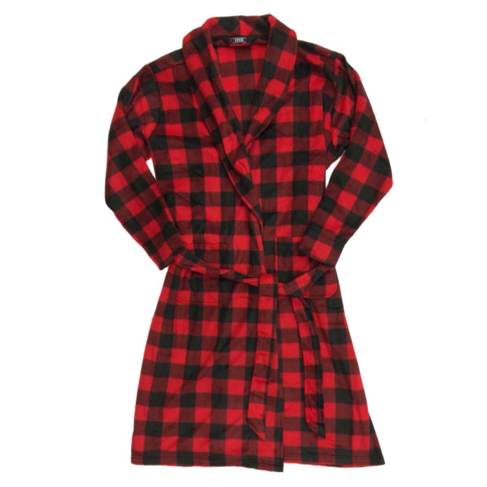 IZOD Izod Mens Plush Red & Black Buffalo Plaid Robe Housecoat Bath