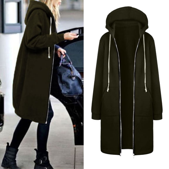 Green Solid Color Jackets, Polyester Women's Plus Size Jackets, Warm Zipper Long Open Sweatshirt Outwear Jacket Hoodies Coat Women Tops Women's Coat, 5XL