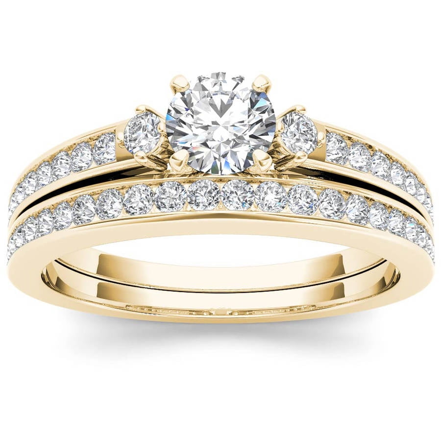 1 Carat T.W. Diamond Three-Stone 14kt Yellow Gold Engagement Ring Set ...