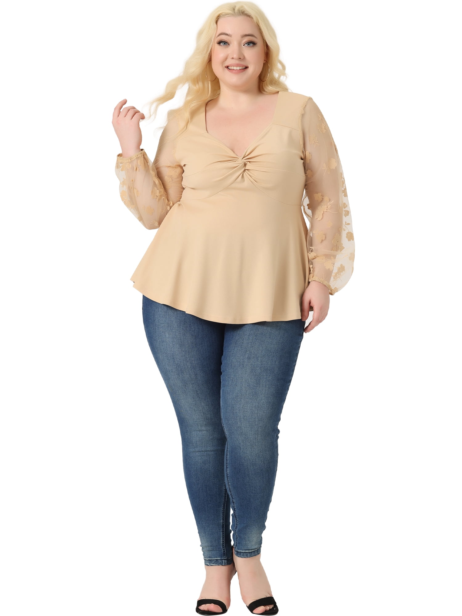 Unique Bargains Women's Plus Size Panel Heart Sheer Mesh Long Sleeve Shirts Blouses 2X Beige
