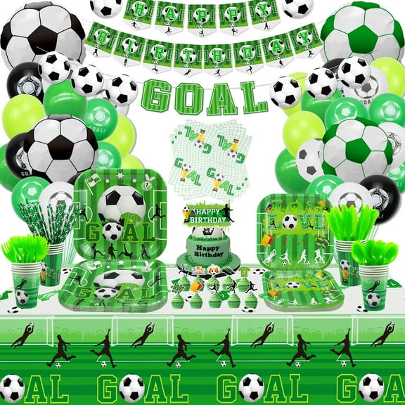 PIXHOTUL Soccer Birthday Party Supplies - Including HAPPY BIRTHDAY Banner, Soccer Favor Bags, Soccer Silicone Wristbands, Plates, Cups, Napkins, Tableware, Tablecloth, Balloons - Serves 20