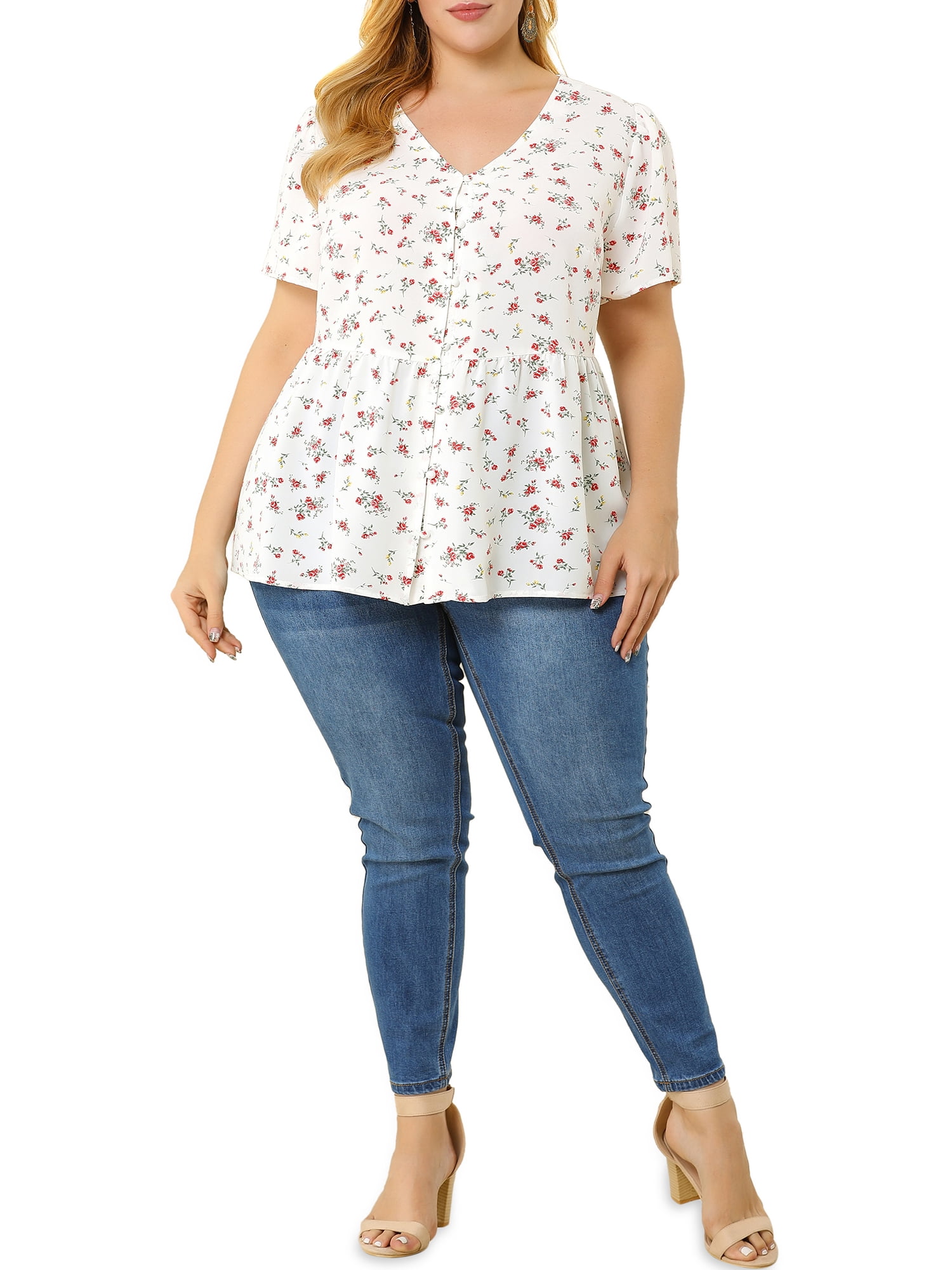 DARING DIVA Women's Plus Floral V Neck Short Sleeve Peplum Top 2X White