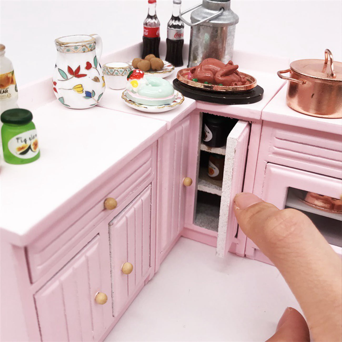 1:12 Dollhouse Miniature Furniture Kitchen Wooden Pink Cabinet Sink Counters / 