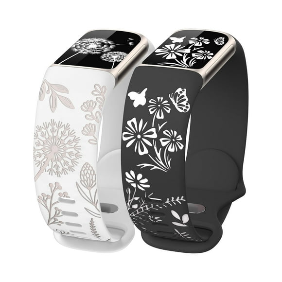 Wearlizer Dual-Tone Engraved Bands Compatible with Fitbit Charge 6/Charge 5 - Floral Silicone Wristbands for Women, 2 Interchangeable Nature Designs (Dandelion & Wildflower)