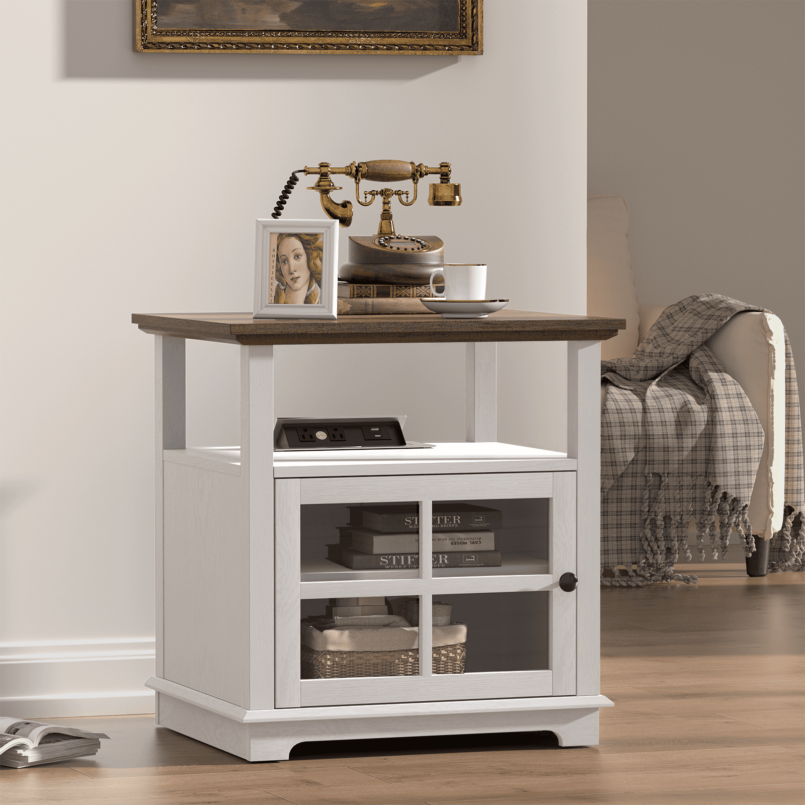 FAGAGA Wood Nightstands with Charging Station, End Table with Storage Shelf for Living Room, Vintage Bedside Table for Bedroom, Dorm | Whitewash