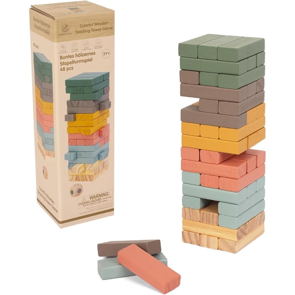 Woodenfun Wooden Blocks Stacking Game 48 Piece Colorful Balancing for Kids and Families