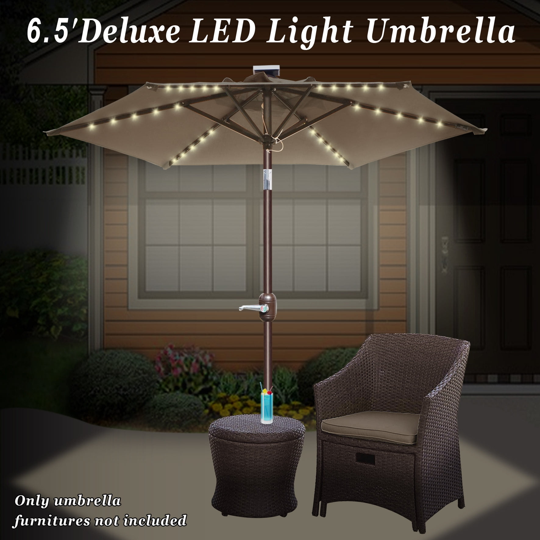 Sunny 6.5ft Outdoor Patio Umbrella LED Lighted Tilt Aluminum Garden Market Balcony Sunshade