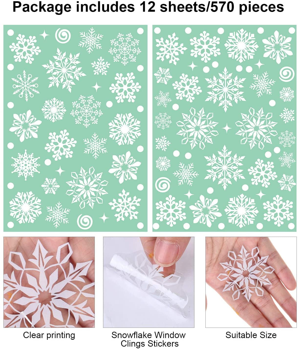 570 Pieces Snowflake Window Clings Winter Window Clings Christmas Snowflake Decal Stickers Window Clings Decorations for Christmas Frozen Theme Party New Year Supplies, 9 Sheets (White)