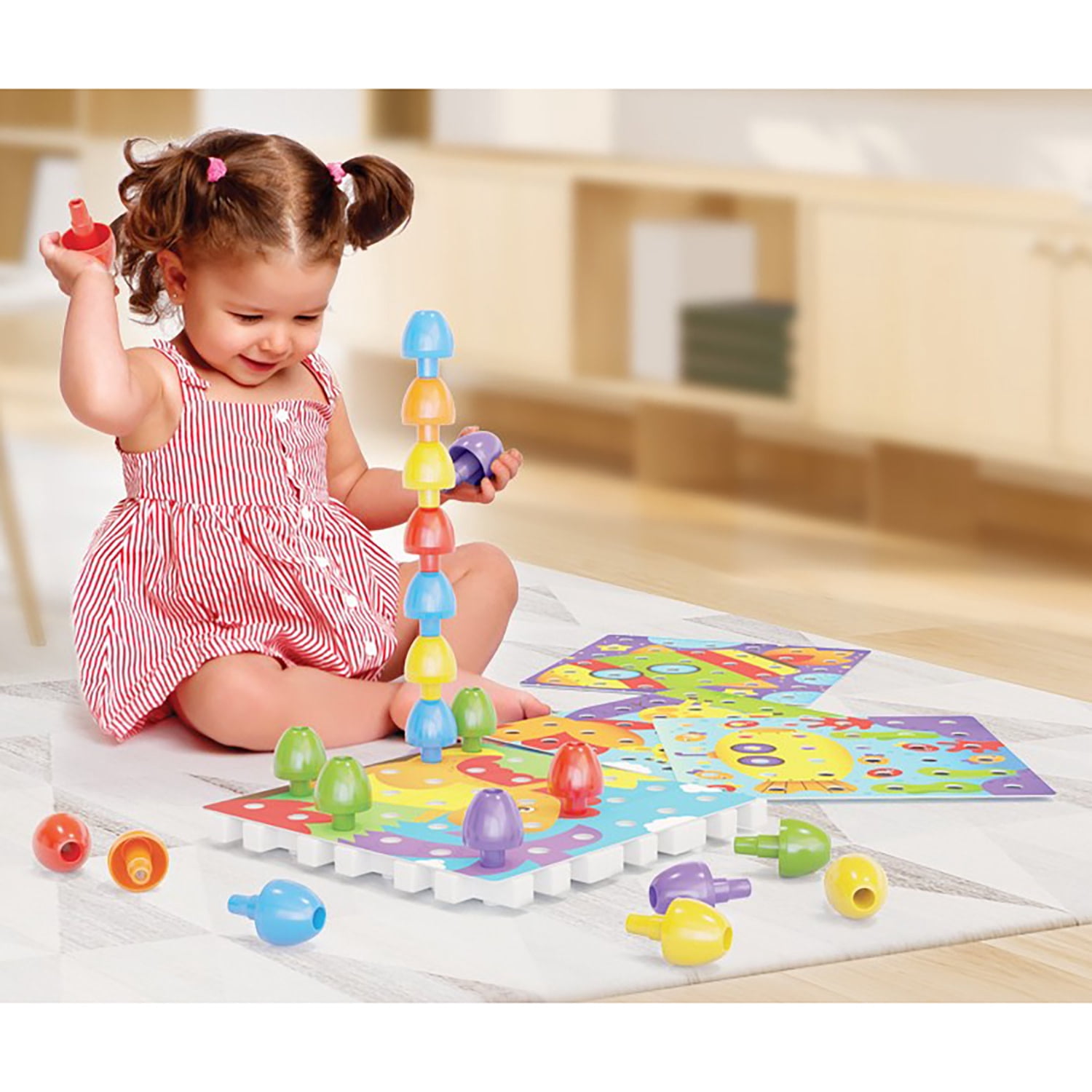 Quercetti: Jumbo Peggy - Creative Pegs Stacking & Color Matching Toy, Illustrated Cards & 9 Linking Boards, Animal & Nature Scenes, Toddler & Kids 2+