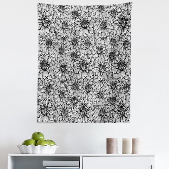 Black and White Tapestry, Botanical Gardening Plants Hand Drawn Style Dahlia Burst into Blossom, Fabric Wall Hanging Decor for Bedroom Living Room Dorm, 5 Sizes, Black White, by Ambesonne