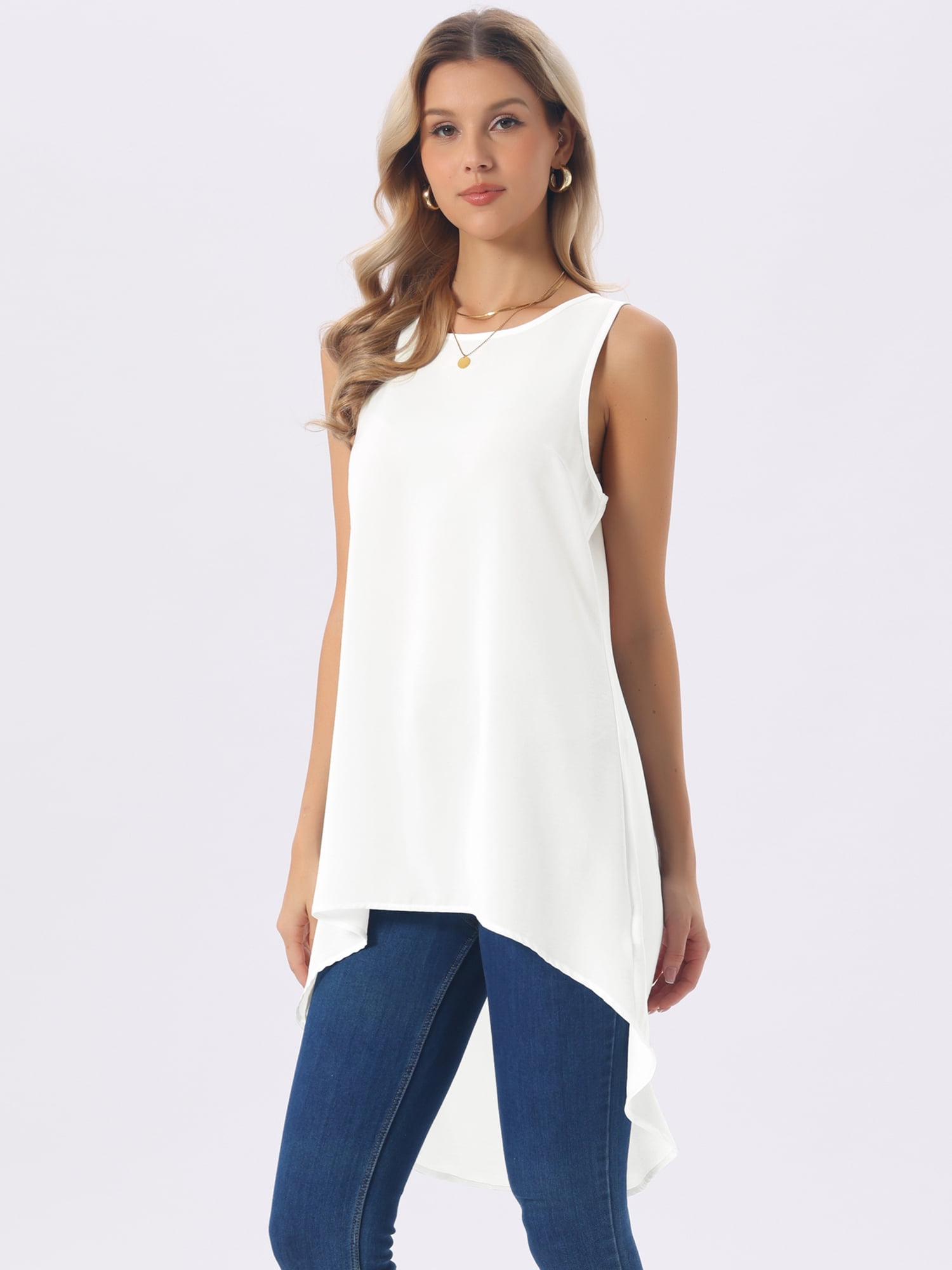DARING DIVA Women's High Low Sleeveless Crewneck Asymmetrical Blouse M White