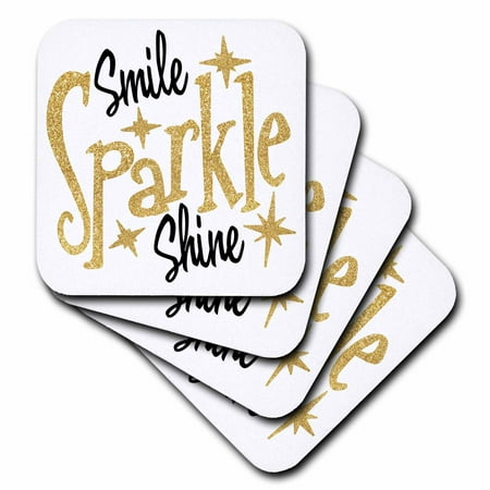

3dRose Smile Sparkle Shine Text with Stars in Black and Gold Colors on White Background - Soft Coasters set of 8