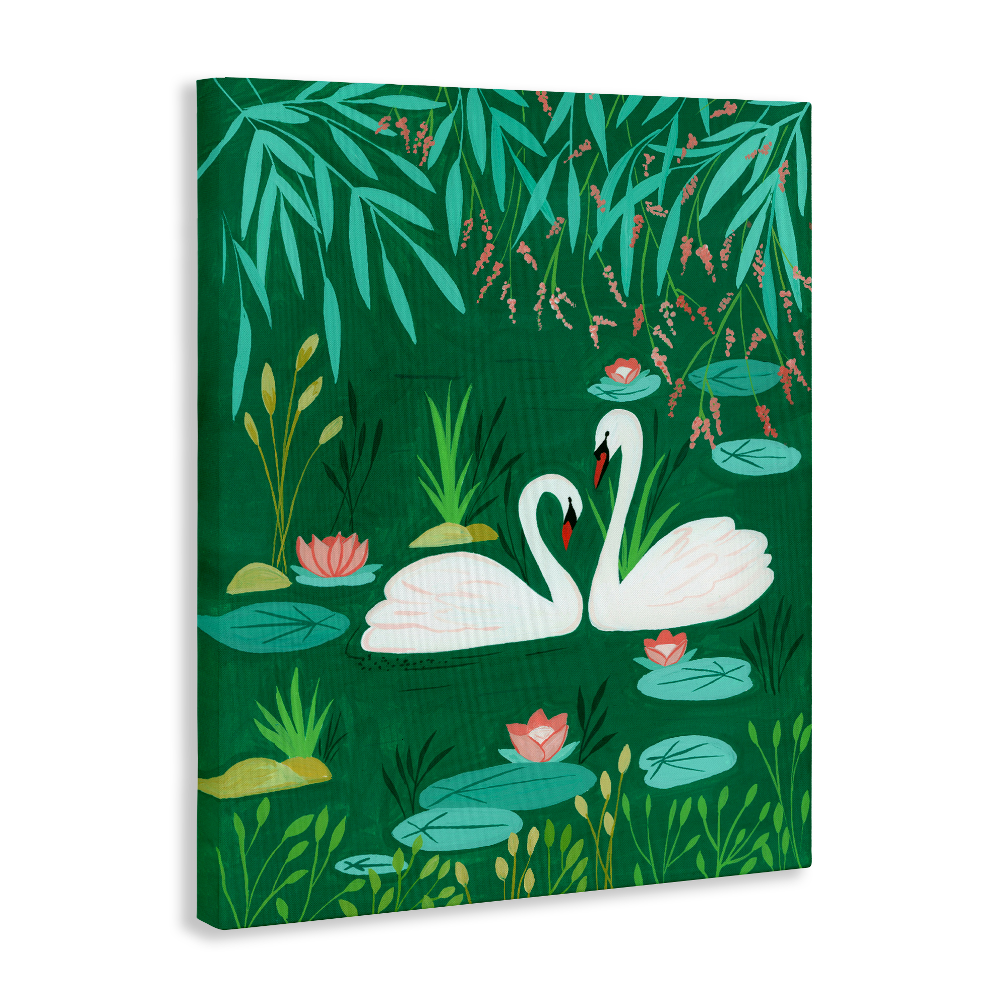 Swan Pair on Green Pond Canvas Wall Art, design by Nabeela Rumi