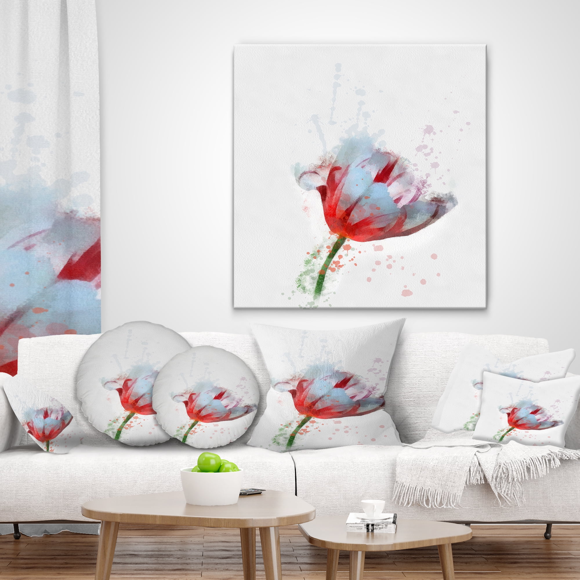 Designart Beautiful Red White Flower Sketch - Floral Throw Pillow - 16x16