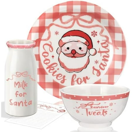 Christmas Cookies for Santa Plate Christmas Dinnerware Set Cookies for Santa Plate Set with Milk Jar, Reindeer Treat Bowl, and Dear Notepad Eve Gift for Kids (Pink Buffalo Plaid)