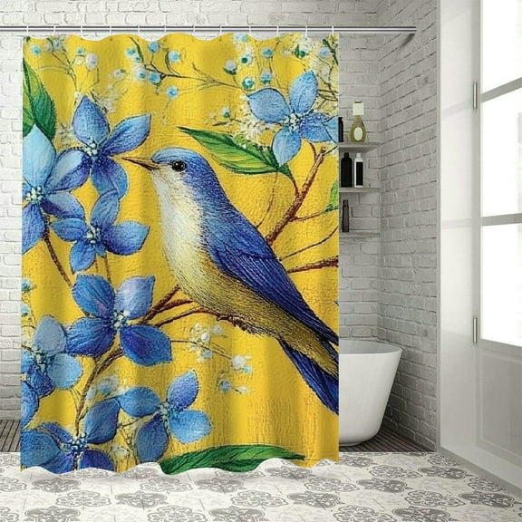 Patifu Bird Blue Flowers Bathroom Shower Curtain Set with Hooks 36"x72