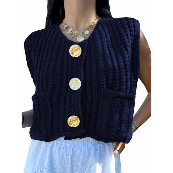 Women'S Sleeveless Cropped Knit Cardigan 2025 Casual Button Down Crochet Sweater Vest Tops with Pockets Navy Blue XL