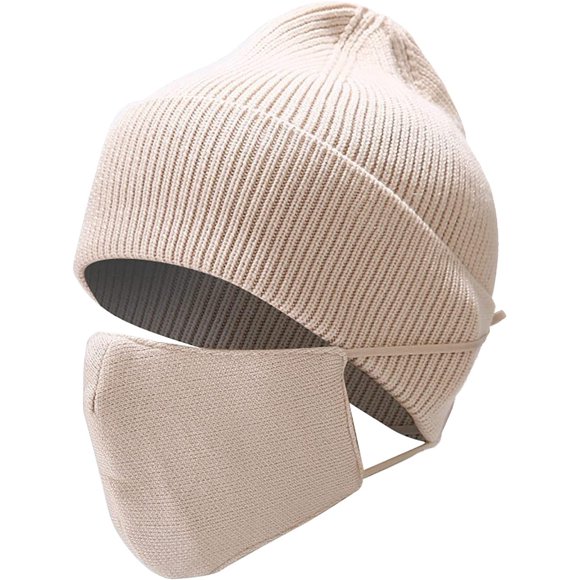 2-Pieces Winter Beanie Hat Face Mask Set Winter Knit Skull Cap Hat Adjustable Face Mask Beanie for Men Women Beige, One Size