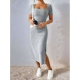 thumbnail image 6 of Women 2025 Summer Ribbed Short Sleeve Bodycon Maxi Dress Side Slit Knit Square Neck Long Sundress Light Gray L, 6 of 7