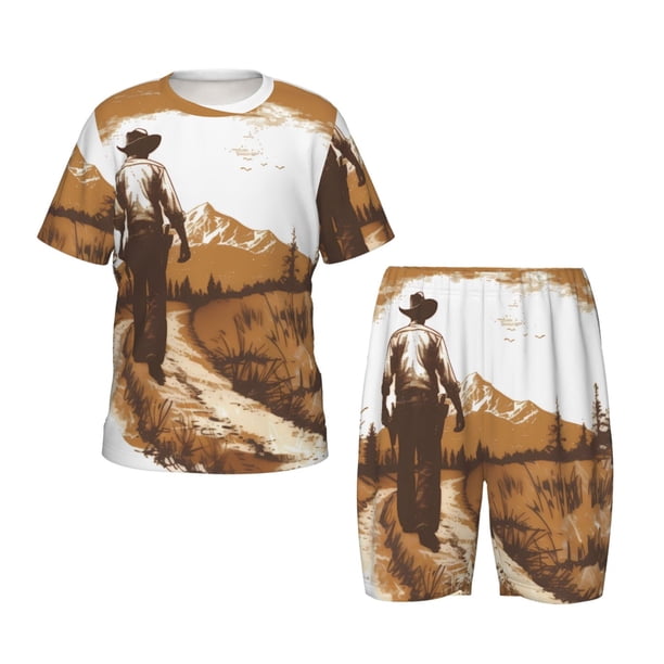 Balery Western Cowboy Countryside Conjunto de Pijama Infantil de Manga Corta con Estampado – Ropa de Dormir de Algodón Suave-Medium