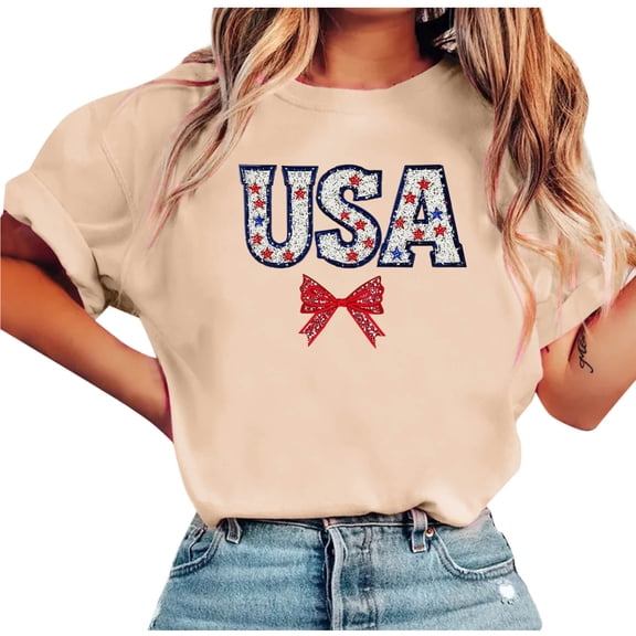 Uaswgudfs Women's USA Glitter Print Bow Crew Neck Short Sleeve Tops Patriotic Casual Tees 4th of July Shirts for Independence Day Beige S