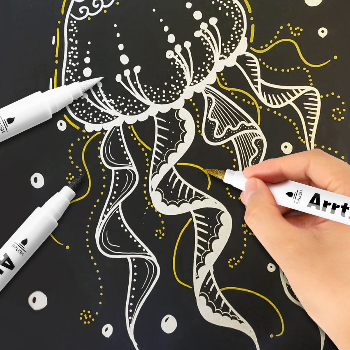 Arrtx 10Pcs Arcylic Paint Markers, Brush Tip Metallic Paint Pens for Rock Painting, Fabric, Glass, Water Based Ink, 4 White 4 Black 1 Gold & 1 Silver, DIY Art Supplies